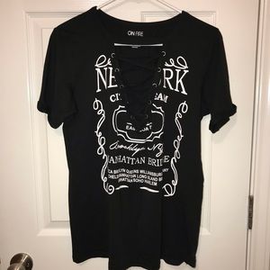 Large black drawstring cross lace up t shirt